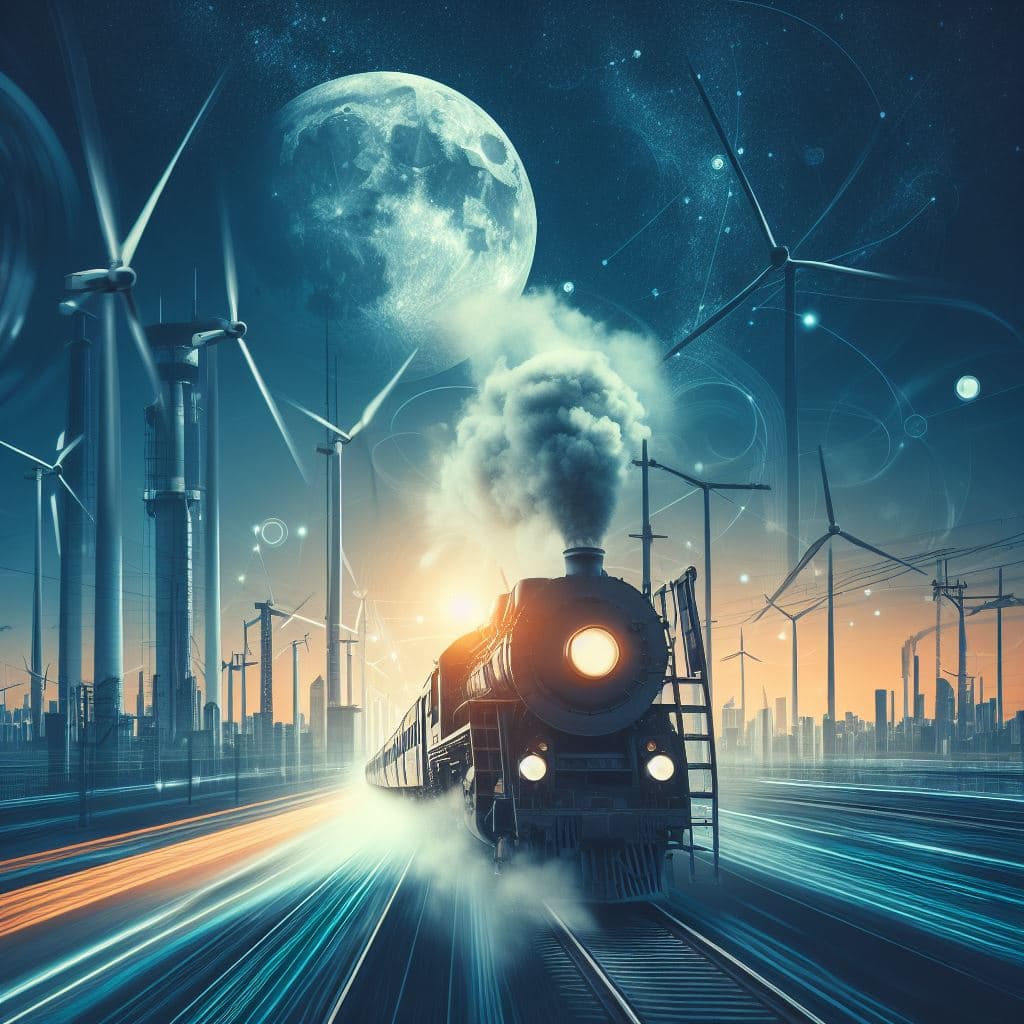 A digital illustration of a steam train speeding toward the viewer on tracks, emitting a plume of smoke, set against a futuristic cityscape with wind turbines and a large moon in a starry sky. The scene features a warm sunset glow on the horizon and motion-blurred light streaks on the ground. The image has a surreal, sci-fi aesthetic combining industrial and renewable energy elements.