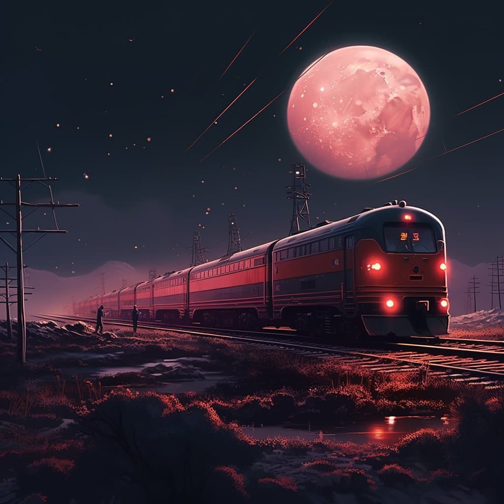 A digital illustration of a red and grey passenger train traveling on tracks through a dark, snowy landscape at night. A large, glowing pink moon dominates the sky above the train, which is illuminated by its own headlights and red marker lights.