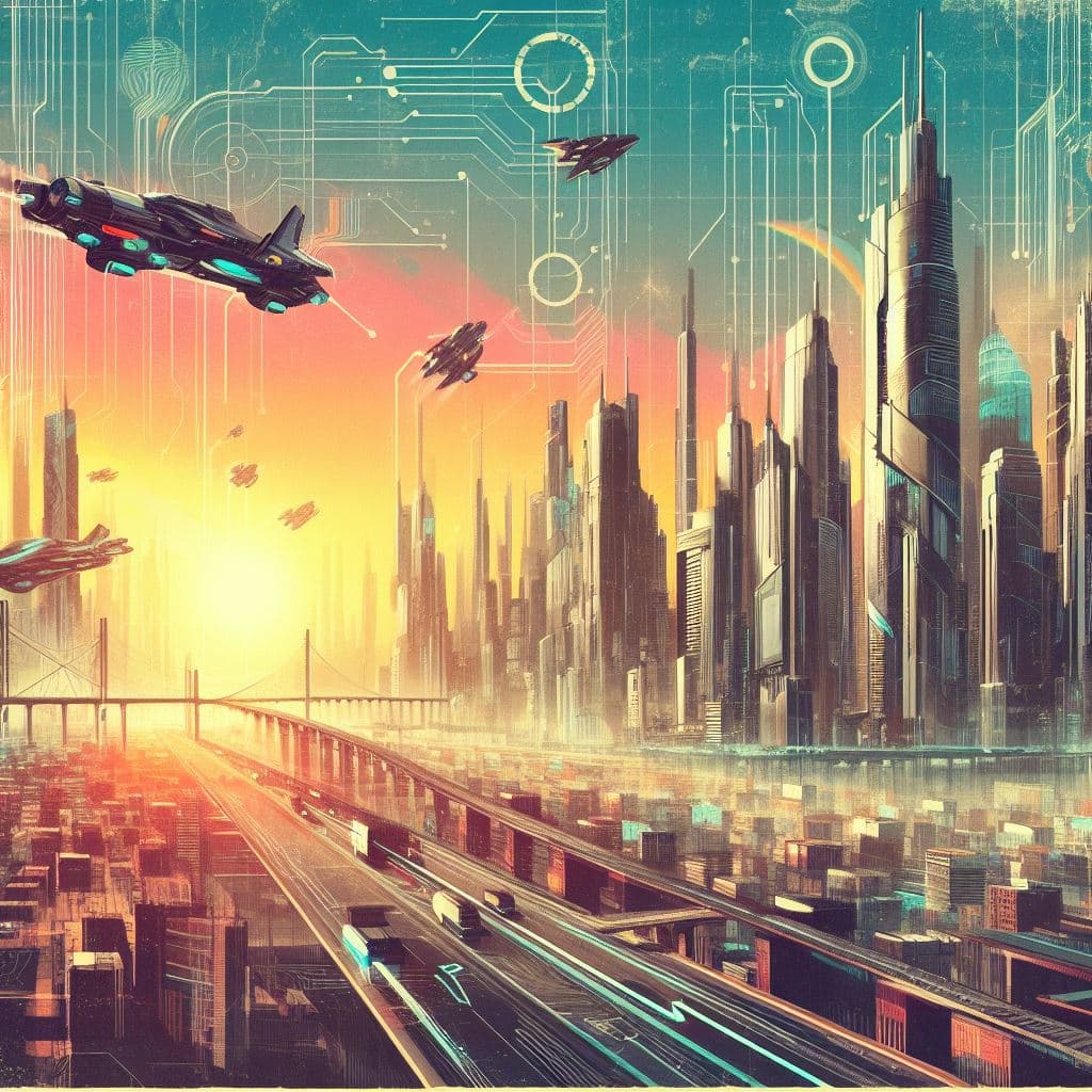 A futuristic cityscape illustration featuring flying vehicles, towering skyscrapers, and a glowing sunset, overlaid with digital circuit board patterns in the sky. The image is a side-by-side comparison of two AI-generated artworks, with the left side showing a more vibrant, colorful style and the right side a slightly different interpretation of the same scene.