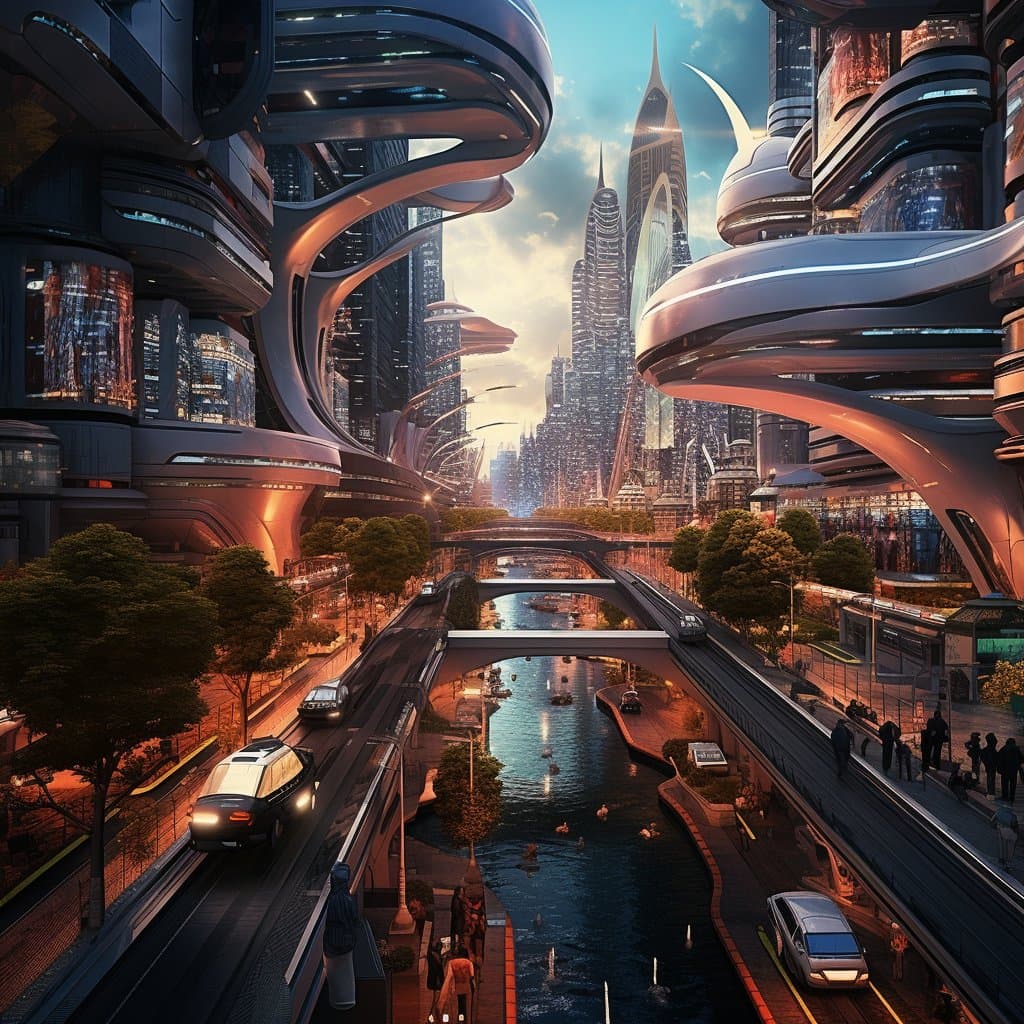 A side-by-side comparison of two AI-generated images depicting a futuristic cityscape with a river, elevated roads, and sleek, curved architecture. The left image features a warmer, more organic architectural style, while the right image displays a cooler, more rigid and metallic design.