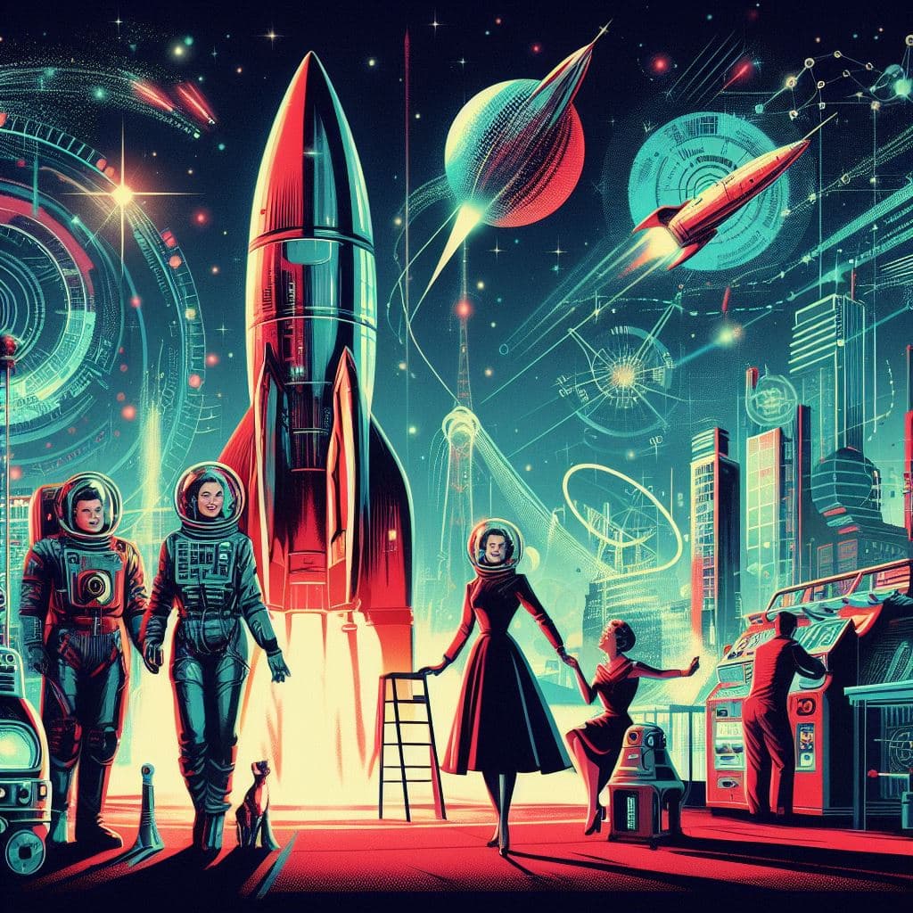 A retro-futuristic digital illustration depicting astronauts and civilians on a spaceport platform with a large rocket launching in the background. The scene features a stylized cityscape, flying spacecraft, and a color palette dominated by reds and teals, evoking a vintage sci-fi aesthetic.