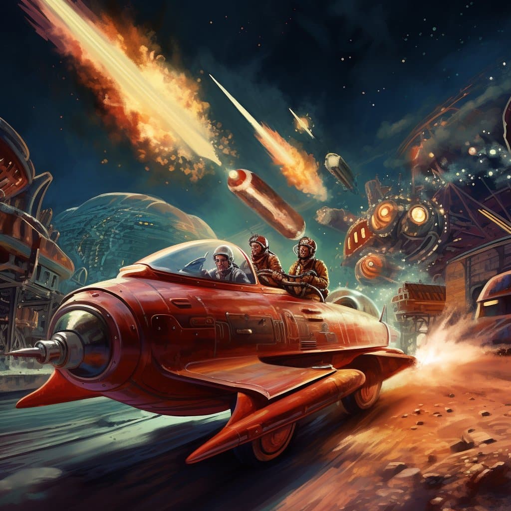 A digital illustration of a red, retro-futuristic rocket car with three passengers speeding through a futuristic city, with meteors falling from the sky and a large spacecraft in the background.