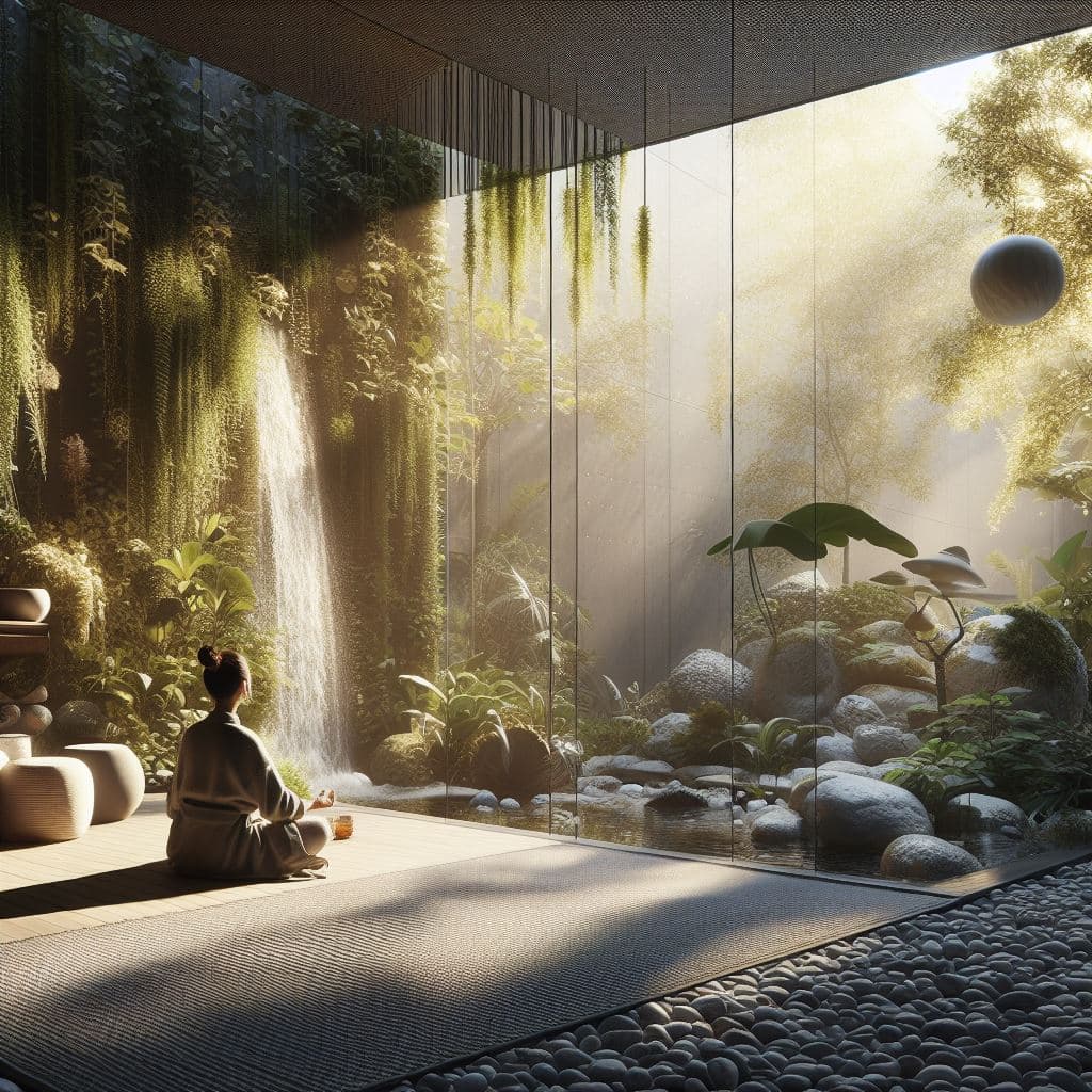 A digital artwork depicting a person in a robe sitting on a wooden deck, meditating in front of a large glass wall that looks out onto a lush, sunlit garden with a waterfall and rocks. The scene is framed by a modern architectural structure with a textured ceiling and a pebble floor in the foreground.