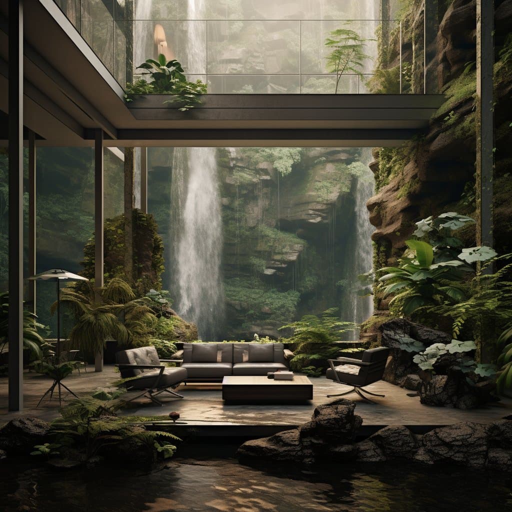 A digital illustration of a modern, open-air living room with a sofa and chairs, surrounded by lush tropical plants and a waterfall in the background. The scene features large glass windows and a concrete floor, blending indoor comfort with a natural, jungle-like environment. This image represents the 'biophilic architecture' mentioned in the post text.