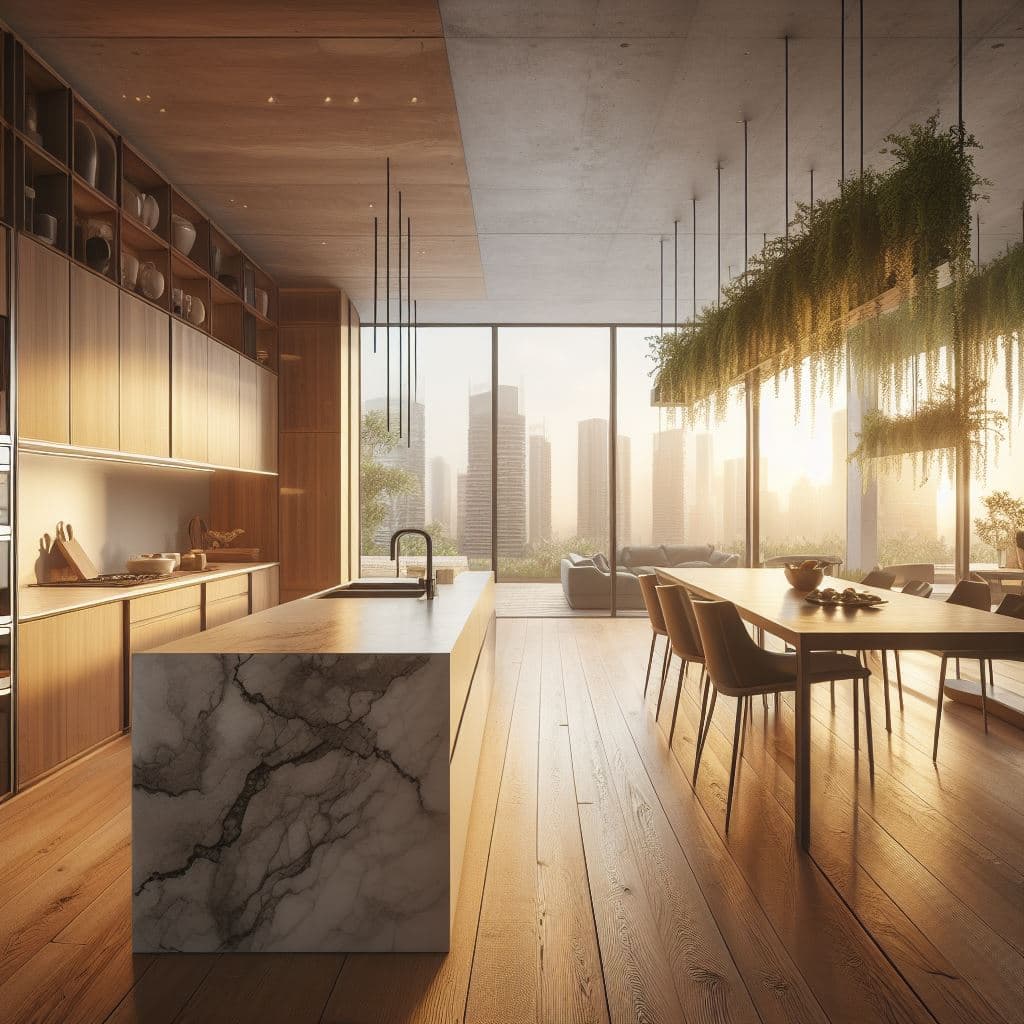 A digital rendering of a modern, biophilic kitchen and dining area featuring warm wood cabinetry, a marble island, and a large wall of hanging greenery overlooking a city skyline at sunset.