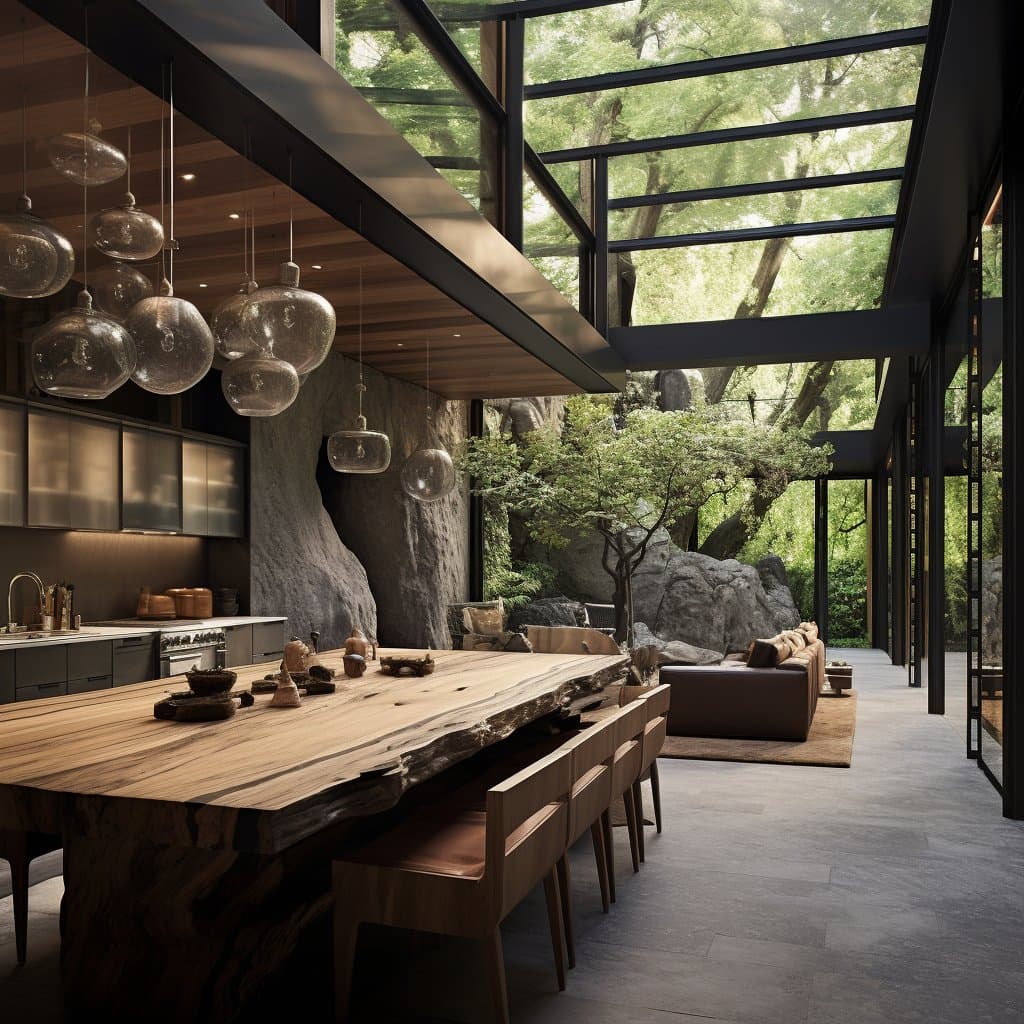 A biophilic architectural interior featuring a large, live-edge wooden dining table and a kitchen area, set within a glass-walled structure that opens directly onto a lush, rocky forest landscape. The space is illuminated by natural light and features modern glass pendant lights and a stone wall, blending indoor and outdoor elements.