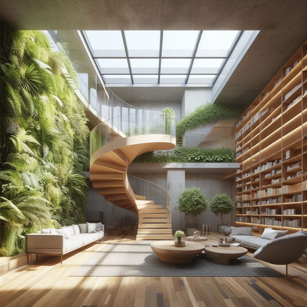 A digital rendering of a biophilic interior featuring a lush vertical garden wall, a wooden spiral staircase, and a large glass skylight. The space includes modern furniture, a built-in bookshelf, and potted plants, creating a serene, nature-integrated living area.