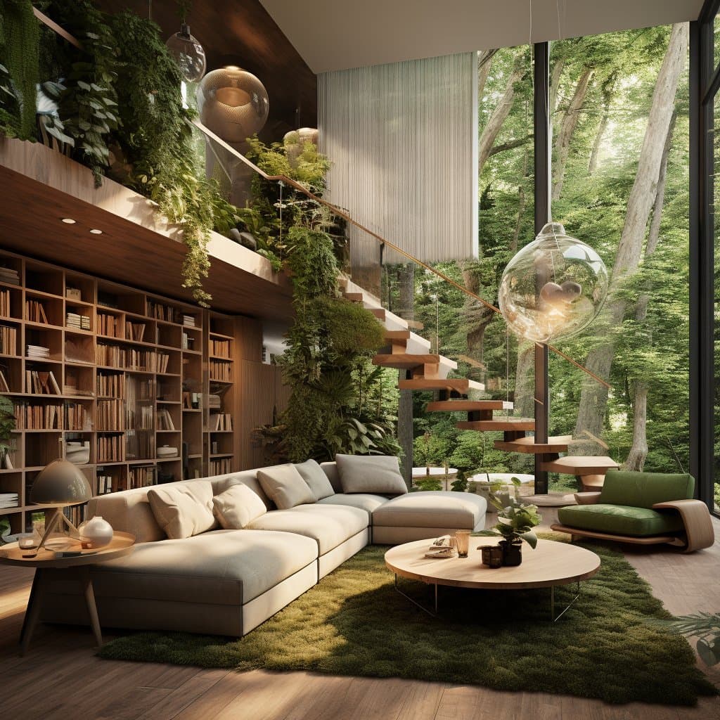 A digital rendering of a biophilic living room featuring a large sectional sofa, a moss rug, and a floating staircase surrounded by lush greenery. Floor-to-ceiling windows look out onto a dense forest, while a wall of built-in bookshelves and hanging glass pendant lights complete the modern, nature-integrated interior design.