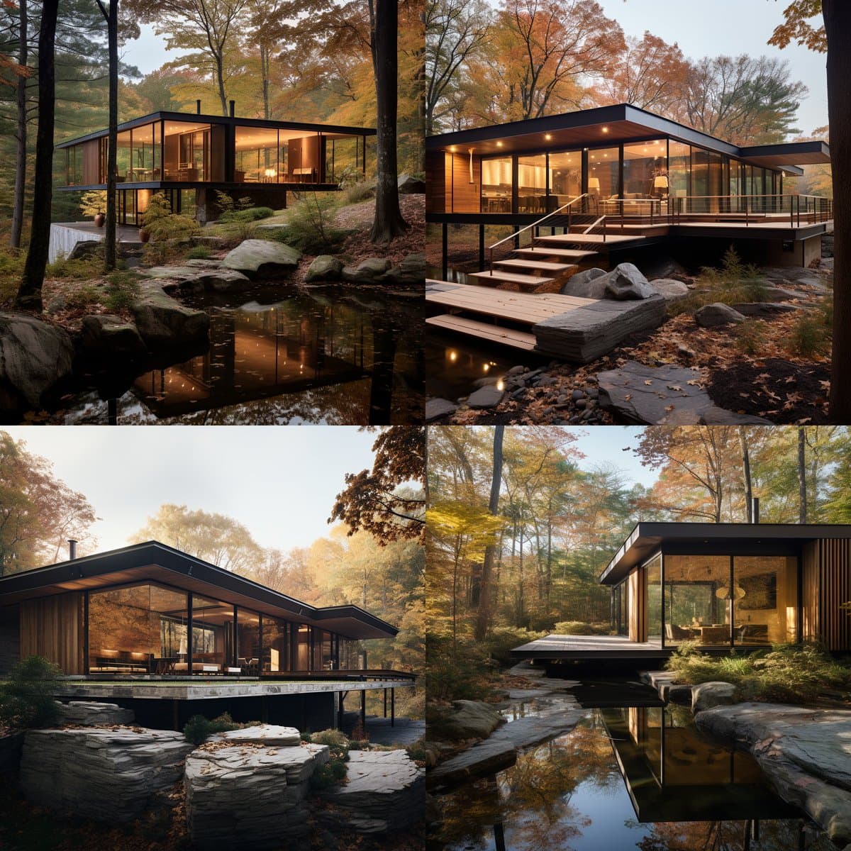 A four-panel grid of AI-generated architectural renderings showing a modern, minimalist cabin with a glass facade and wood accents situated in a forest setting. The images depict the structure from various angles, highlighting its elevated design, warm interior lighting, and reflection in a nearby stream.