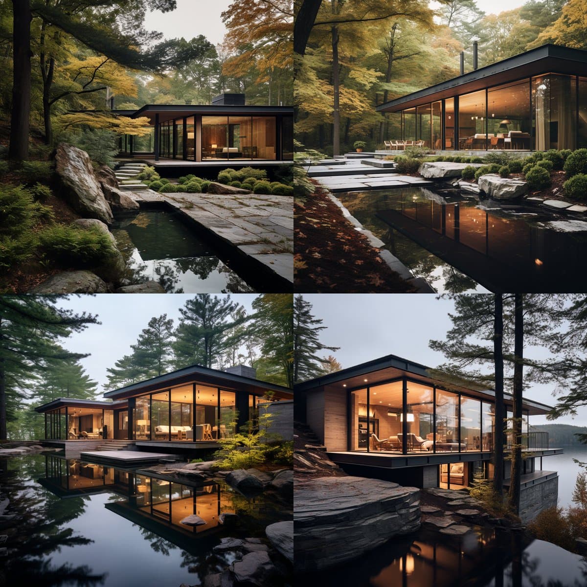 A four-panel grid of AI-generated architectural renderings showing a modern minimalist cabin with a glass facade and wood accents, situated in a forest setting near a body of water.