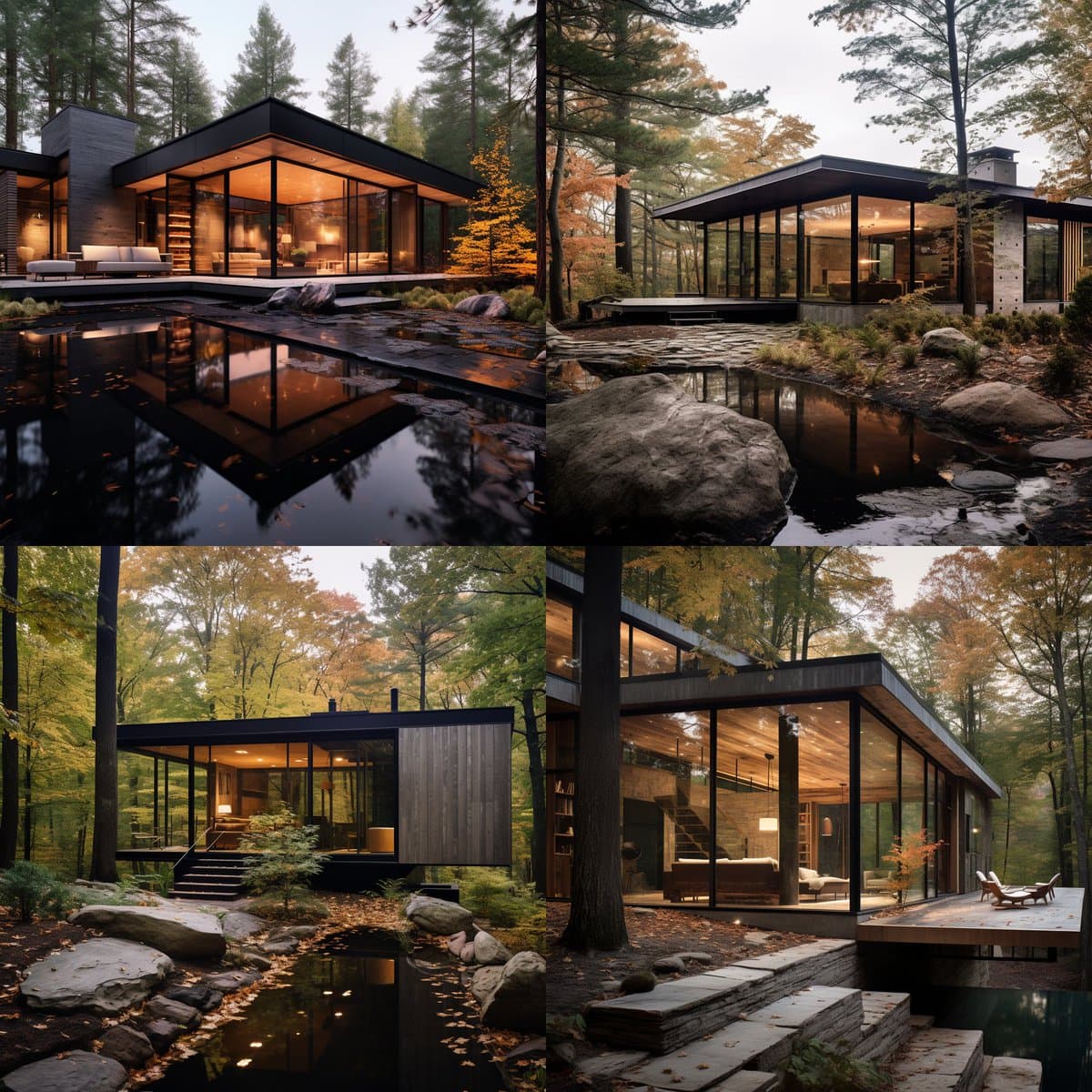 A four-panel grid displaying AI-generated architectural renderings of a modern minimalist cabin with a glass facade and wood accents, set in a forest with a reflecting pond.