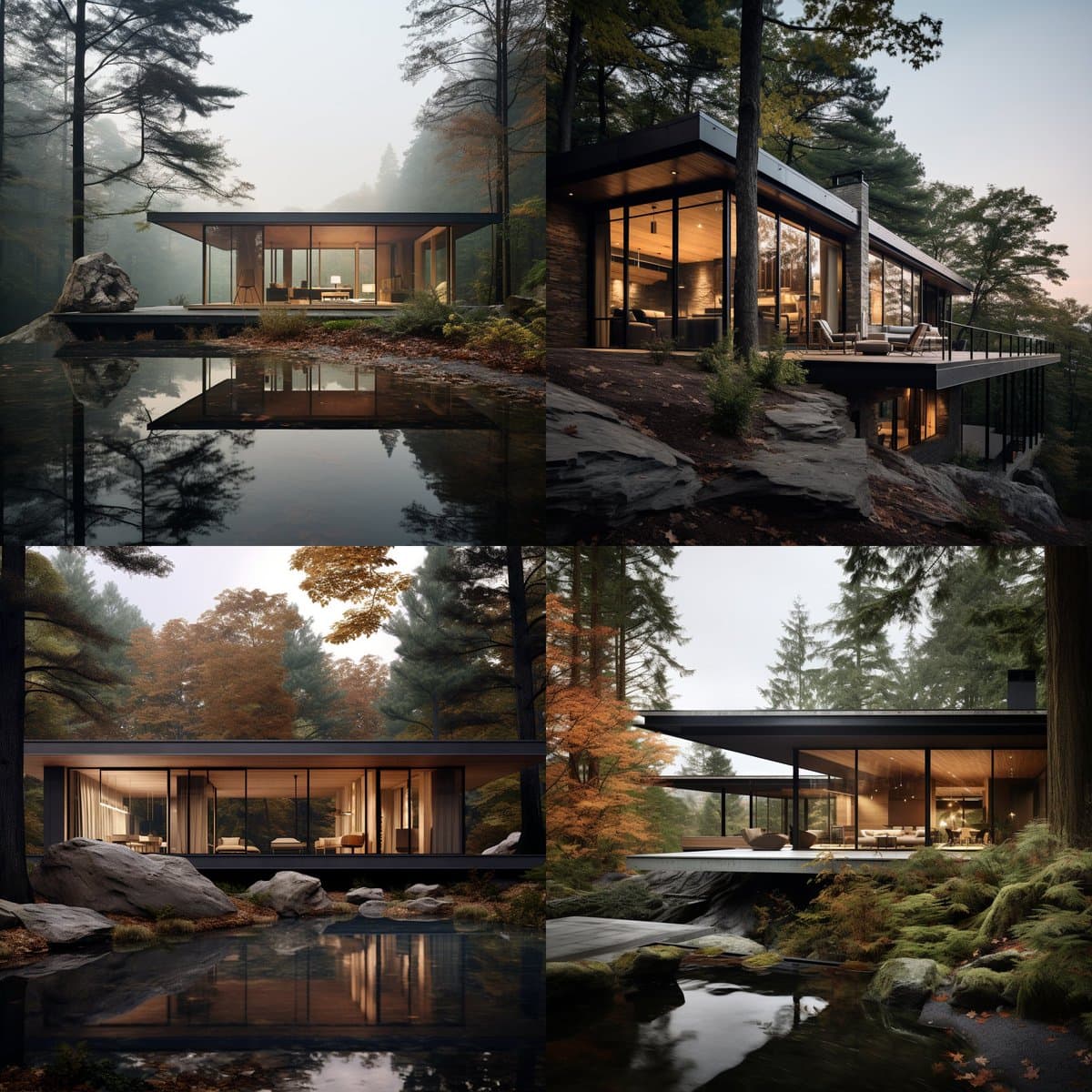 A four-panel collage of AI-generated architectural renderings showing a modern minimalist cabin with glass walls and wood accents, situated in a misty forest setting near a body of water.