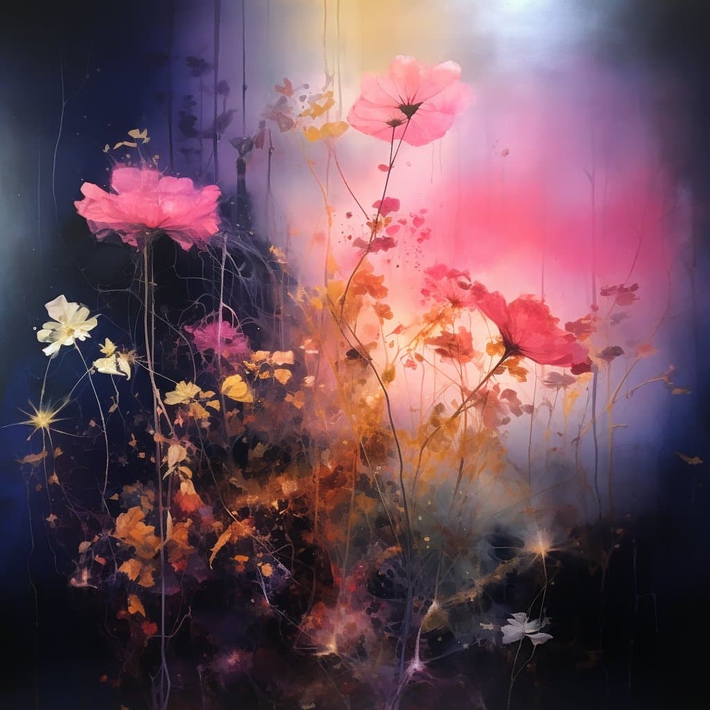 A digital abstract painting featuring vibrant pink and white flowers with delicate, glowing stems against a dark, atmospheric background with soft, ethereal lighting.