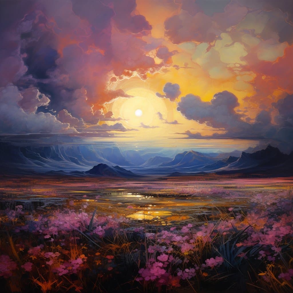 A digital painting of a vibrant sunset over a mountainous landscape, featuring a bright sun in a dramatic, colorful sky. The foreground is filled with a field of pink wildflowers and a reflective body of water.