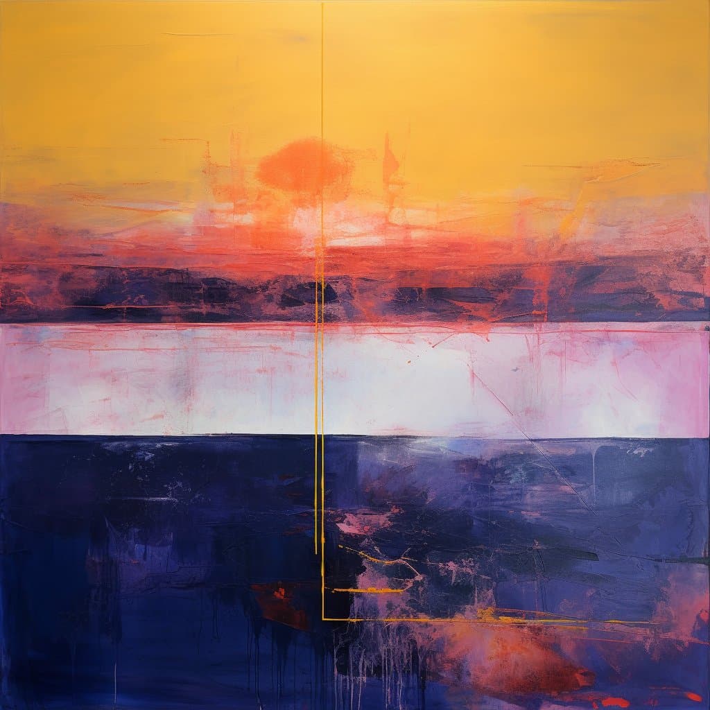 An abstract painting featuring horizontal bands of color, including a yellow sky, a red and white horizon, and a dark blue foreground, with a thin vertical yellow line running down the center.