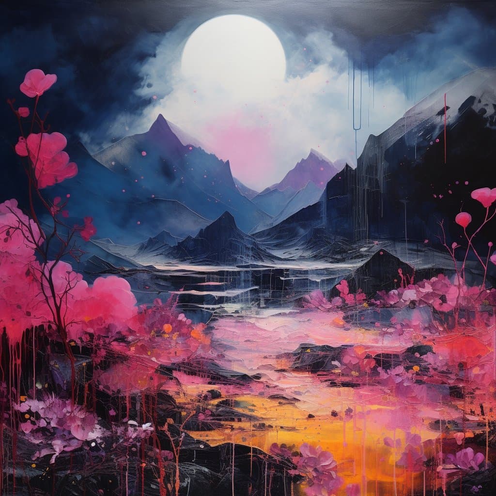 A digital painting depicting a surreal landscape with vibrant pink flowers in the foreground, dark mountains in the background, and a large full moon in a cloudy night sky. The scene features a reflective body of water and a warm, glowing light source near the bottom, creating a dreamlike atmosphere. There is no text present in the image.