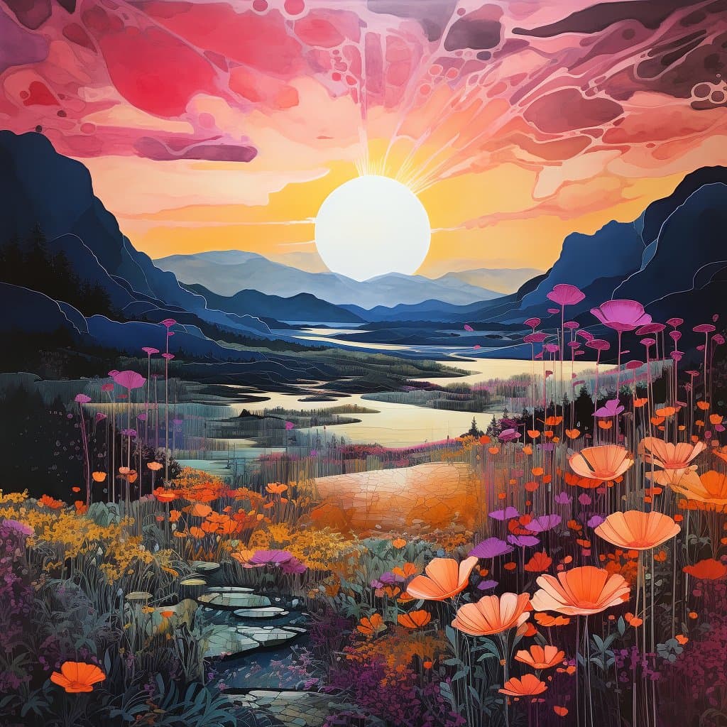 A vibrant, stylized digital illustration of a landscape featuring a large, bright sun setting or rising over a winding river and mountains. The foreground is filled with colorful orange, pink, and purple flowers, while the sky is painted with swirling pink and orange clouds.
