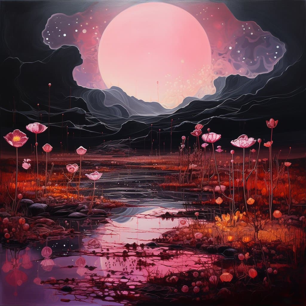 A digital painting of a surreal, alien landscape featuring a large pink moon, dark rolling hills, and a body of water reflecting the moonlight. The foreground is filled with glowing pink and orange flowers and bioluminescent plants.
