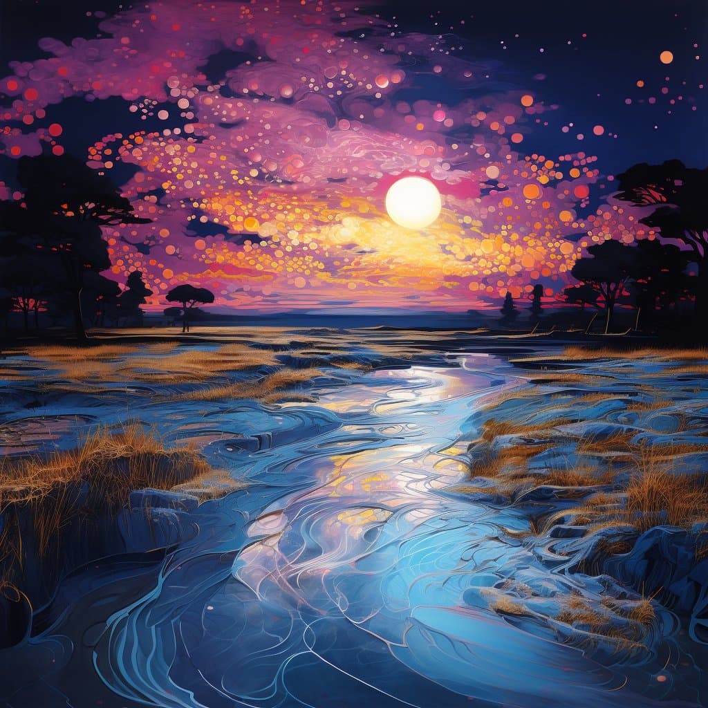 A digital painting of a vibrant sunset over a winding river, featuring a bright sun and a sky filled with pink and orange clouds. Silhouetted trees line the banks of the river, which reflects the colorful light of the sky.