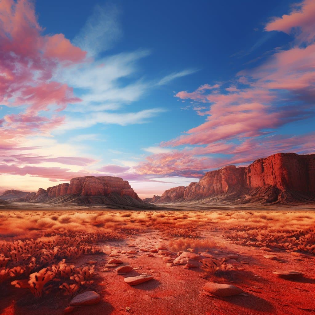 A digital landscape illustration depicting a vast desert at sunset, featuring reddish-orange rocky mesas and a dirt path leading through sparse, dry vegetation under a blue sky with pink-tinted clouds.