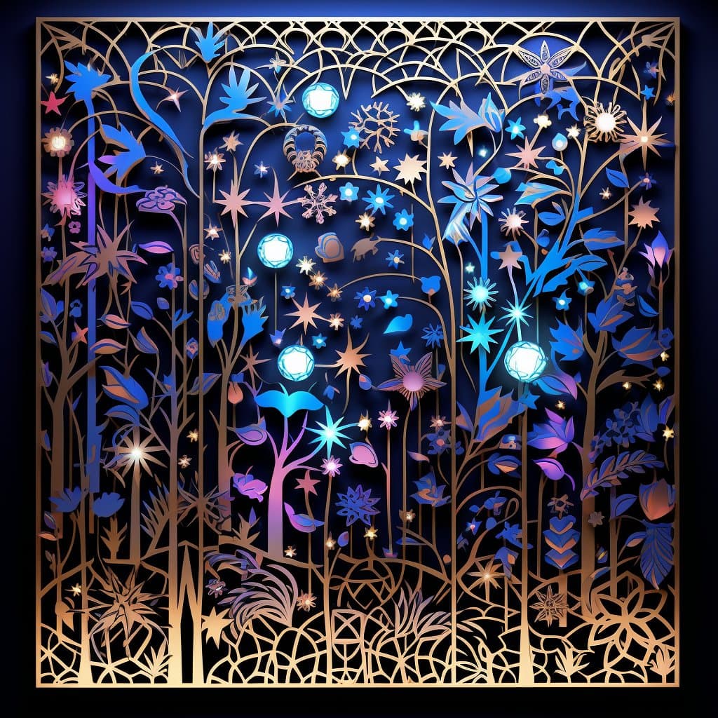 A digital illustration in a paper-cut style depicting a stylized forest scene with intricate, layered cutouts of trees, flowers, and stars in shades of blue, purple, and gold against a dark background. Glowing, orb-like lights are scattered among the foliage, creating a magical, illuminated effect.