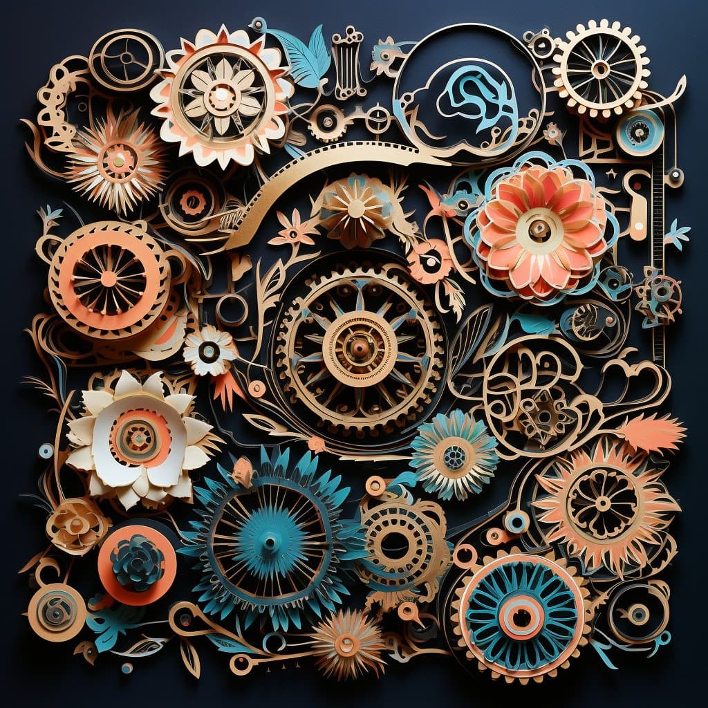 A digital artwork featuring an intricate, layered collage of mechanical gears, cogs, and stylized floral elements in shades of teal, orange, and cream against a dark background. The design has a steampunk or paper-cut aesthetic, with various circular and organic shapes interwoven throughout the composition.