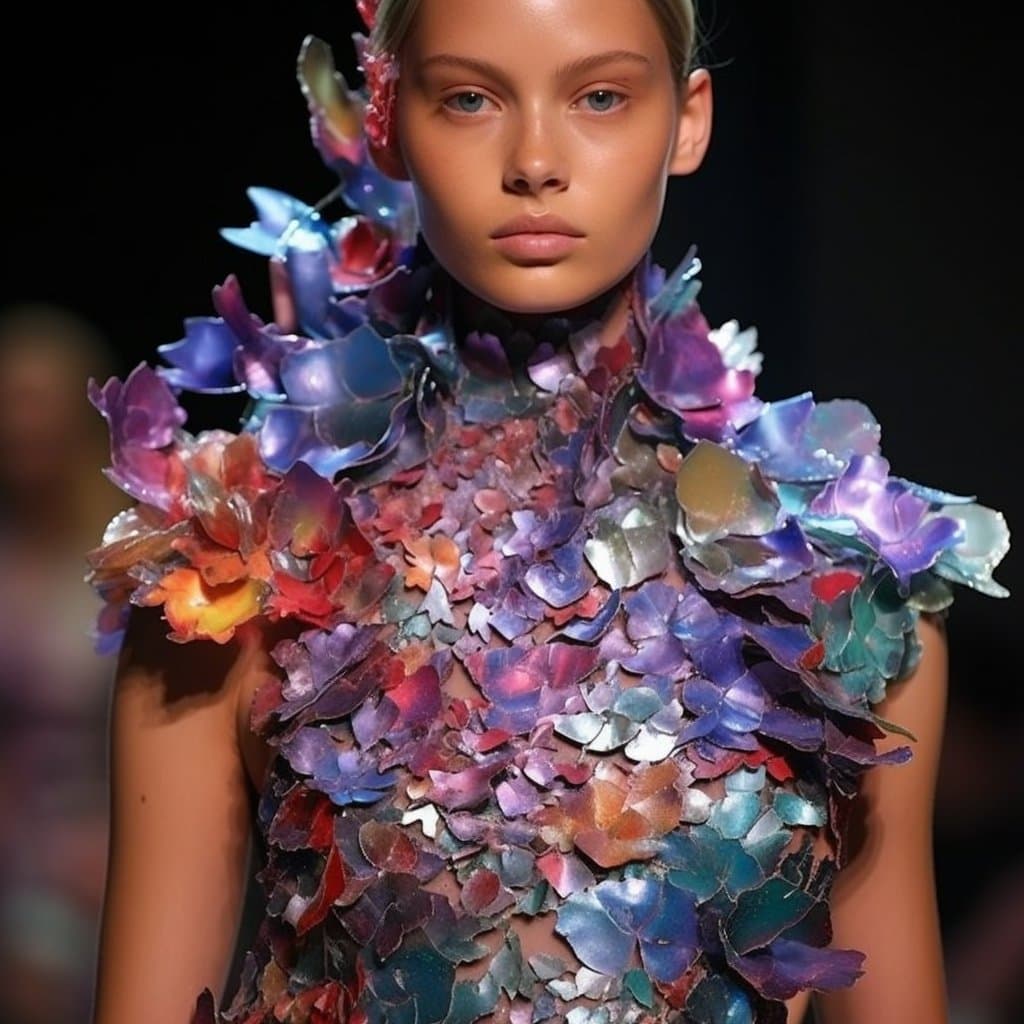 A fashion model wearing an elaborate, high-necked garment constructed from hundreds of iridescent, petal-like pieces in shades of purple, blue, and red.