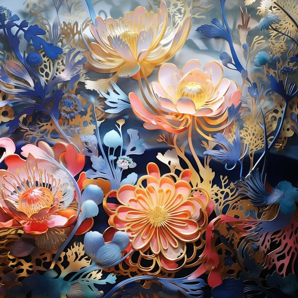 A digital artwork depicting a dense, stylized floral arrangement with a 3D, layered paper-cut aesthetic. The image features large, vibrant flowers in shades of orange, pink, and yellow, surrounded by intricate blue and gold foliage against a dark background.