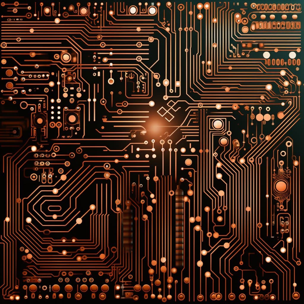 A digital illustration of a complex circuit board featuring intricate copper-colored traces and nodes on a dark background. A bright light flare emanates from the center of the design, highlighting the symmetrical, maze-like pattern of the electronic pathways.