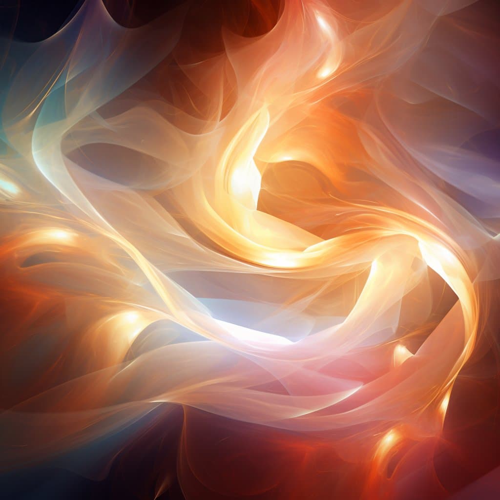 An abstract digital artwork featuring swirling, translucent ribbons of light in warm orange, yellow, and white tones against a dark background. The flowing forms create a sense of dynamic movement and ethereal energy.
