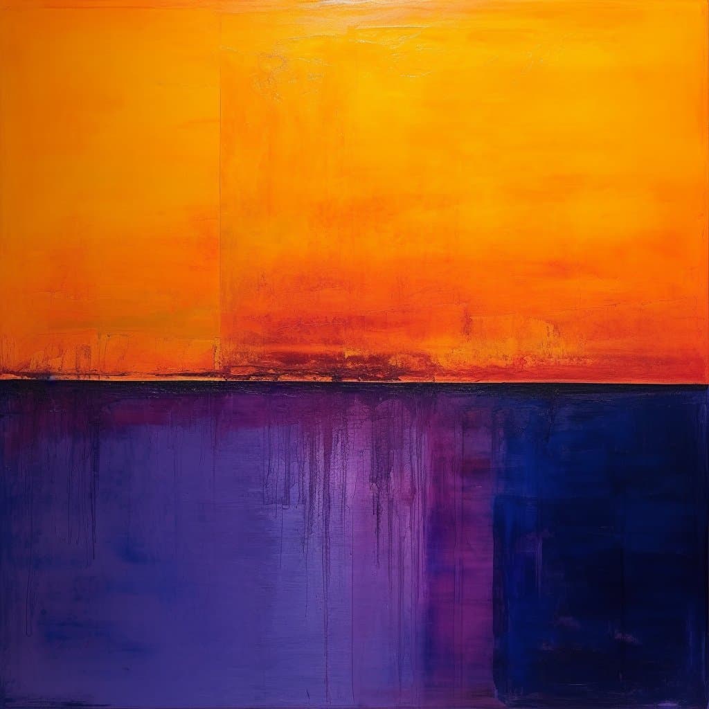 An abstract painting featuring a horizontal division between a vibrant orange and yellow upper section and a deep purple and blue lower section. The lower portion shows vertical drips and streaks of paint, suggesting a textured, expressive style.