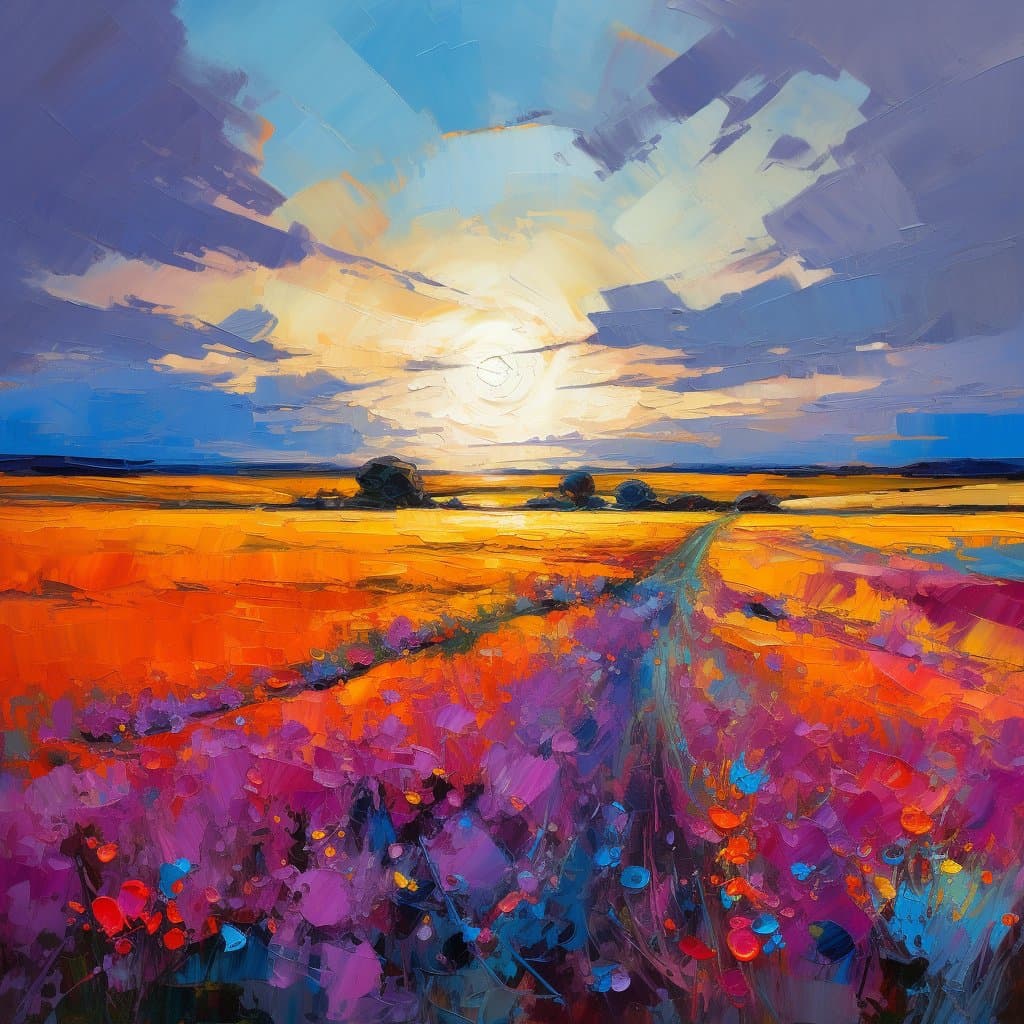 A vibrant, impressionistic painting of a landscape featuring a golden field and a path lined with colorful purple and pink flowers, leading toward a bright sun in a blue sky with scattered clouds.