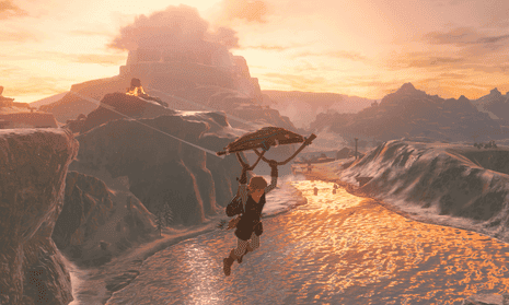 A video game screenshot showing a character gliding over a body of water using a makeshift parachute at sunset, with a mountainous landscape in the background.