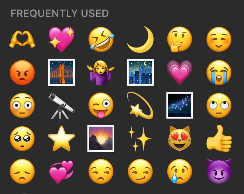 A screenshot of a phone's 'Frequently Used' emoji keyboard, displaying a grid of 30 custom emojis including faces, hearts, stars, and custom images. The text 'FREQUENTLY USED' appears at the top left.