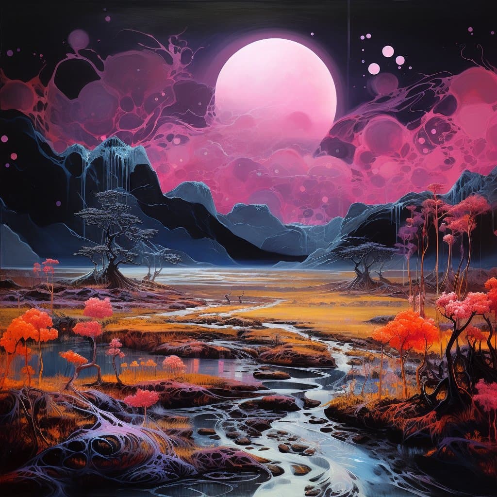 A surreal digital landscape featuring a winding river flowing through golden meadows toward dark, jagged mountains under a large pink moon. The scene is populated with vibrant orange and pink trees and illuminated by a swirling, bubble-like pink and purple sky.