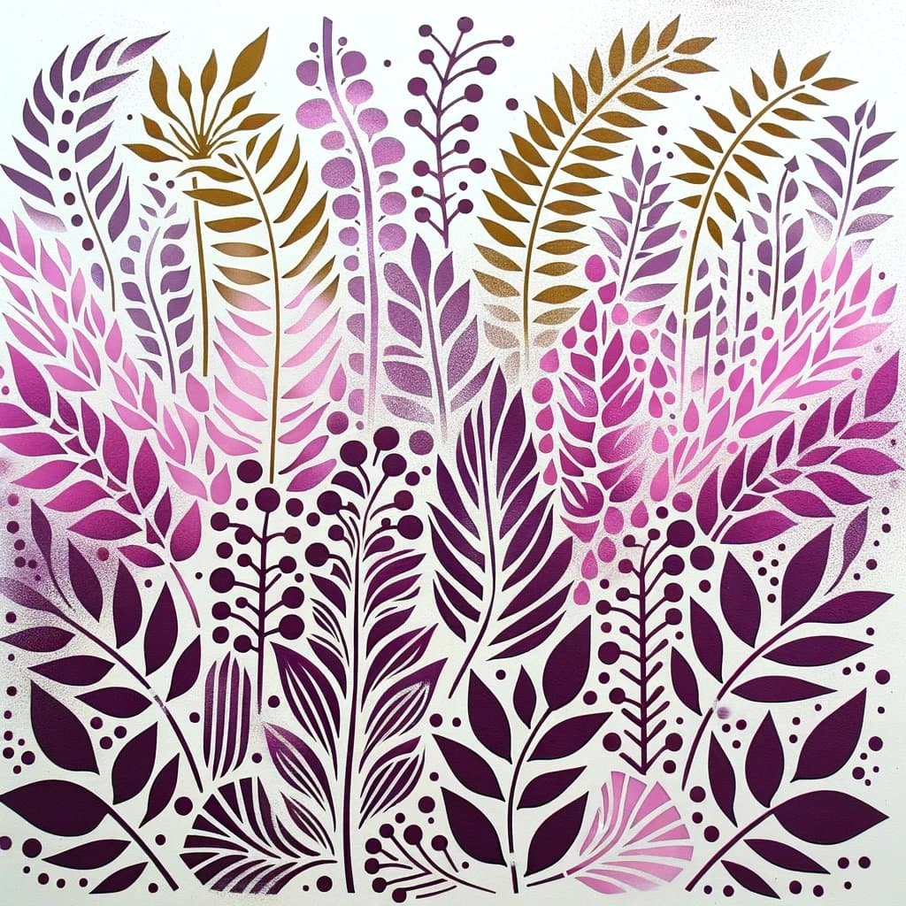 A digital illustration of stylized botanical elements, including leaves, stems, and berries, rendered in a palette of purple, magenta, and gold against a white background. The artwork features a textured, stippled finish and a symmetrical, decorative composition.