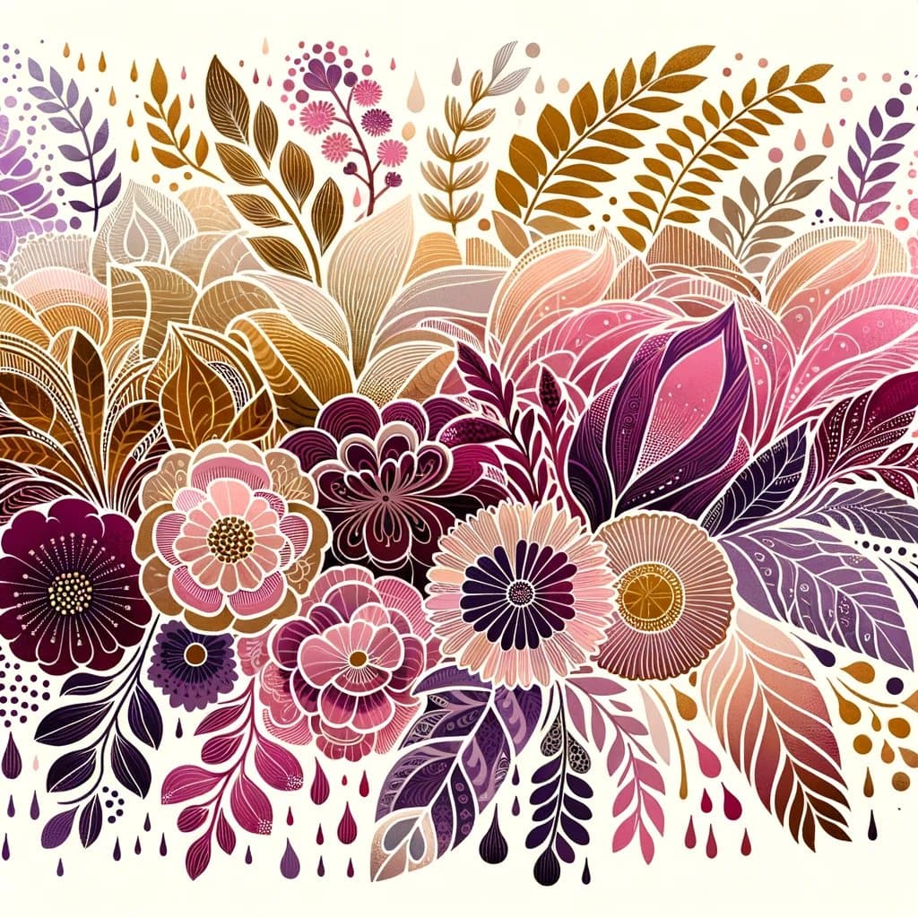 A digital illustration featuring a dense, stylized floral pattern in shades of purple, pink, and gold on a cream background. The artwork includes various flowers, leaves, and abstract botanical elements rendered in a decorative, folk-art style. The image appears to be an AI-generated piece, likely created using a text-to-image model.