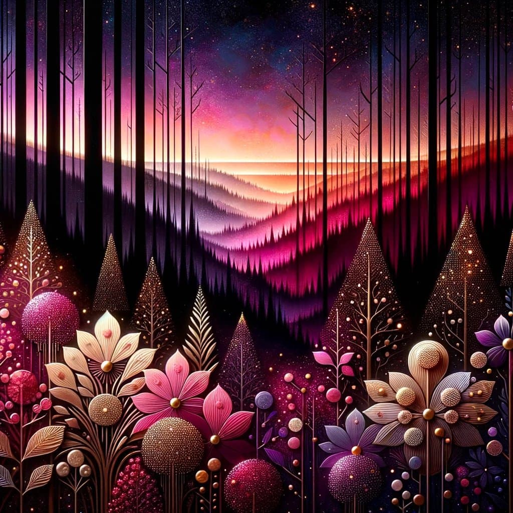 A stylized digital illustration depicting a vibrant, fantastical forest landscape at dusk. The foreground features ornate, metallic flowers and plants in shades of pink, purple, and gold, while the background shows a silhouette of a dense forest against a colorful, starry sky.