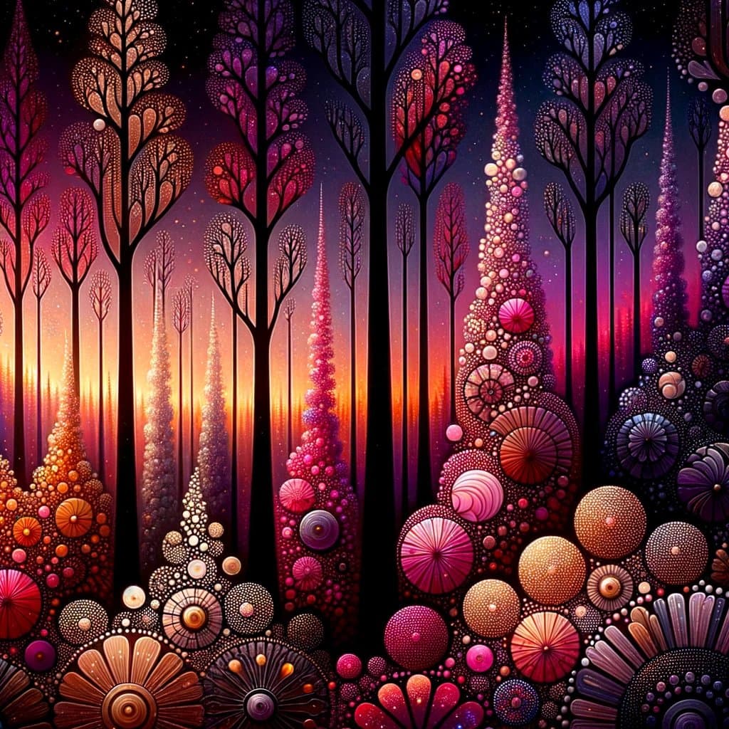 A surreal, pointillist digital artwork depicting a fantastical forest with stylized trees and conical structures composed of dots and circles, set against a vibrant sunset sky. The scene features rich hues of purple, pink, orange, and red, with intricate, textured patterns covering the ground and foliage.