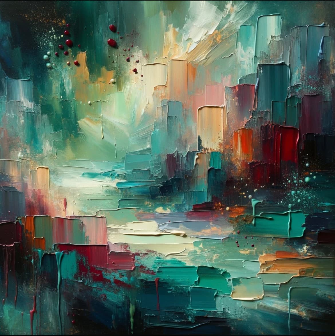 A digital painting in an abstract, impressionistic style featuring thick, textured brushstrokes in shades of teal, green, red, and orange, evoking a natural landscape. The image has a painterly, expressive quality with visible paint drips and splatters.