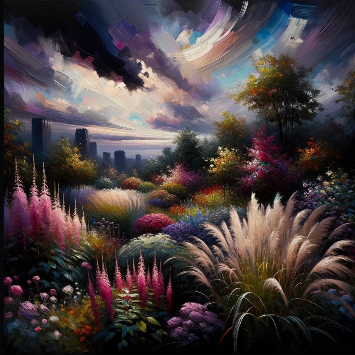 A digital painting of a vibrant, overgrown garden with tall pink and white ornamental grasses in the foreground, set against a backdrop of a city skyline and a dramatic, swirling sky. The image has a painterly, impressionistic style with rich, saturated colors.
