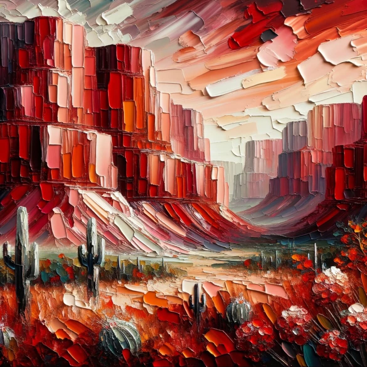 A digital painting in an impasto style depicting a desert landscape with towering red rock formations and cacti. The scene is rendered with thick, textured brushstrokes in warm tones of red, orange, and pink.