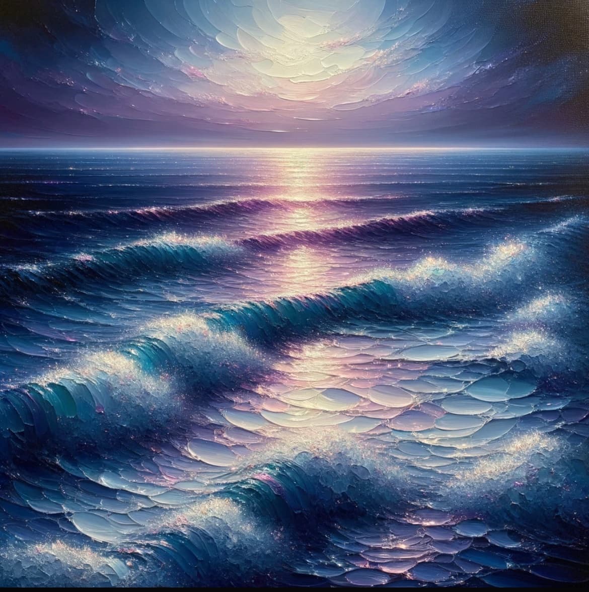 A digital painting of a stylized ocean scene at dusk, featuring textured, wave-like patterns in shades of blue, purple, and white. A bright, shimmering path of light reflects across the water's surface, leading toward a glowing horizon under a soft, pastel-colored sky.