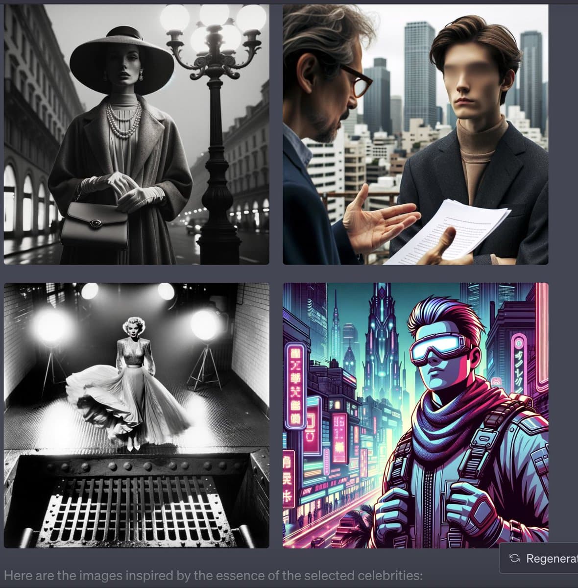 A screenshot of an AI image generation interface displaying a 2x2 grid of four distinct generated portraits and scenes, including a black-and-white fashion shot, a cinematic interview, a retro stage performance, and a futuristic cyberpunk character.