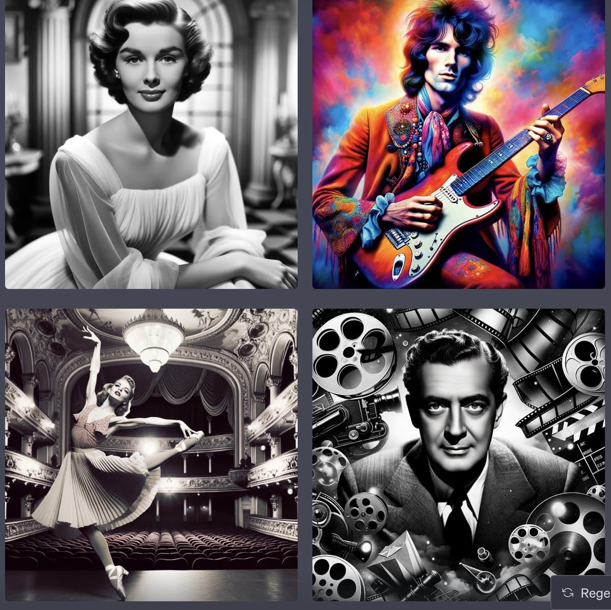 A four-panel grid of AI-generated images featuring portraits of a woman in a white dress, a man playing a guitar, a ballerina in a theater, and a man surrounded by film reels. The images appear to be stylized interpretations of famous figures, with a 'Regenerate' button visible in the bottom right corner.