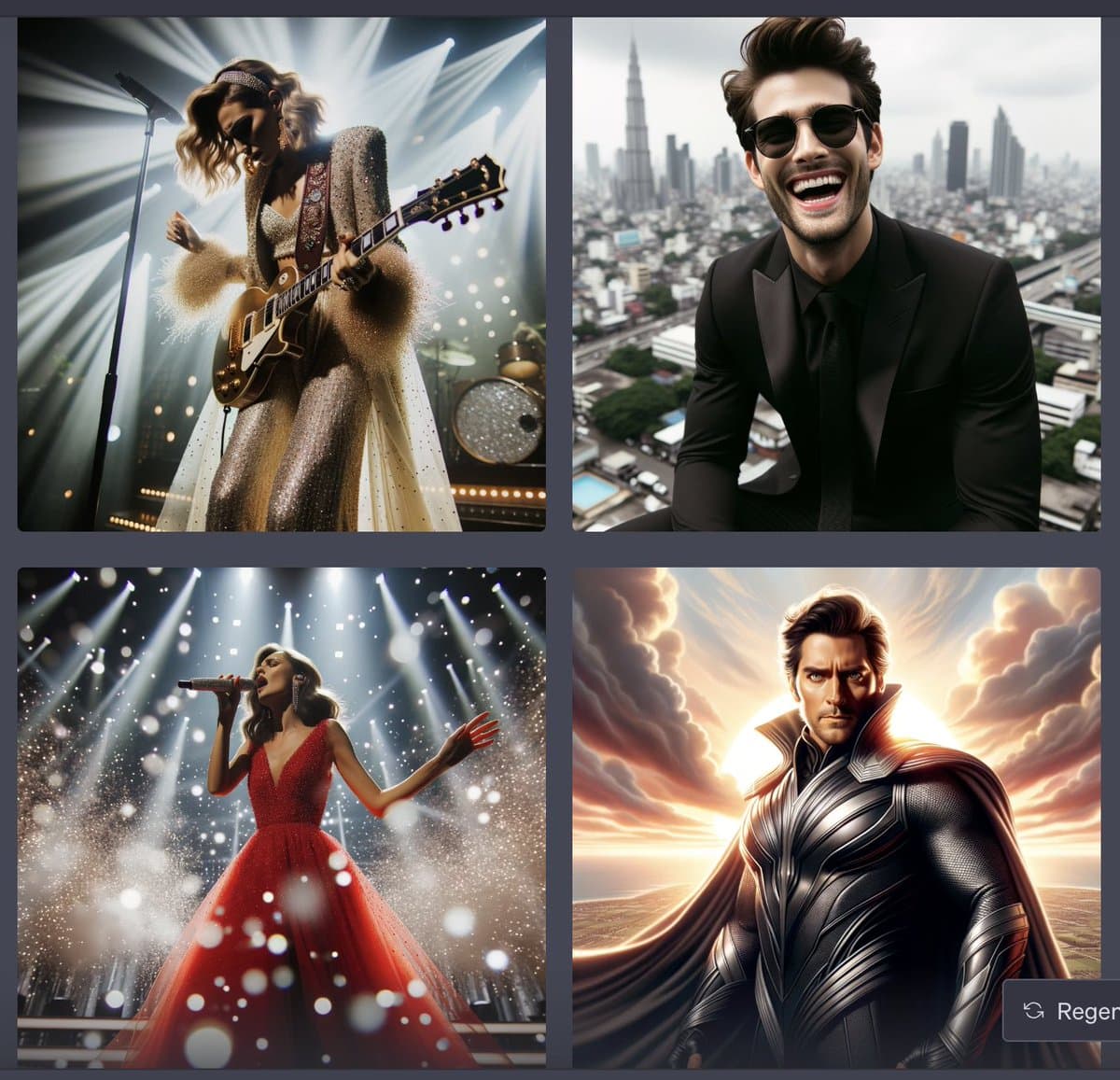A four-panel grid of AI-generated images featuring celebrity portraits and stage performances, including a woman playing guitar, a man in a tuxedo, a woman singing in a red dress, and a man in a superhero costume. The bottom right panel includes a 'Regenerate' button overlay, indicating the images were created using an AI image generation tool.