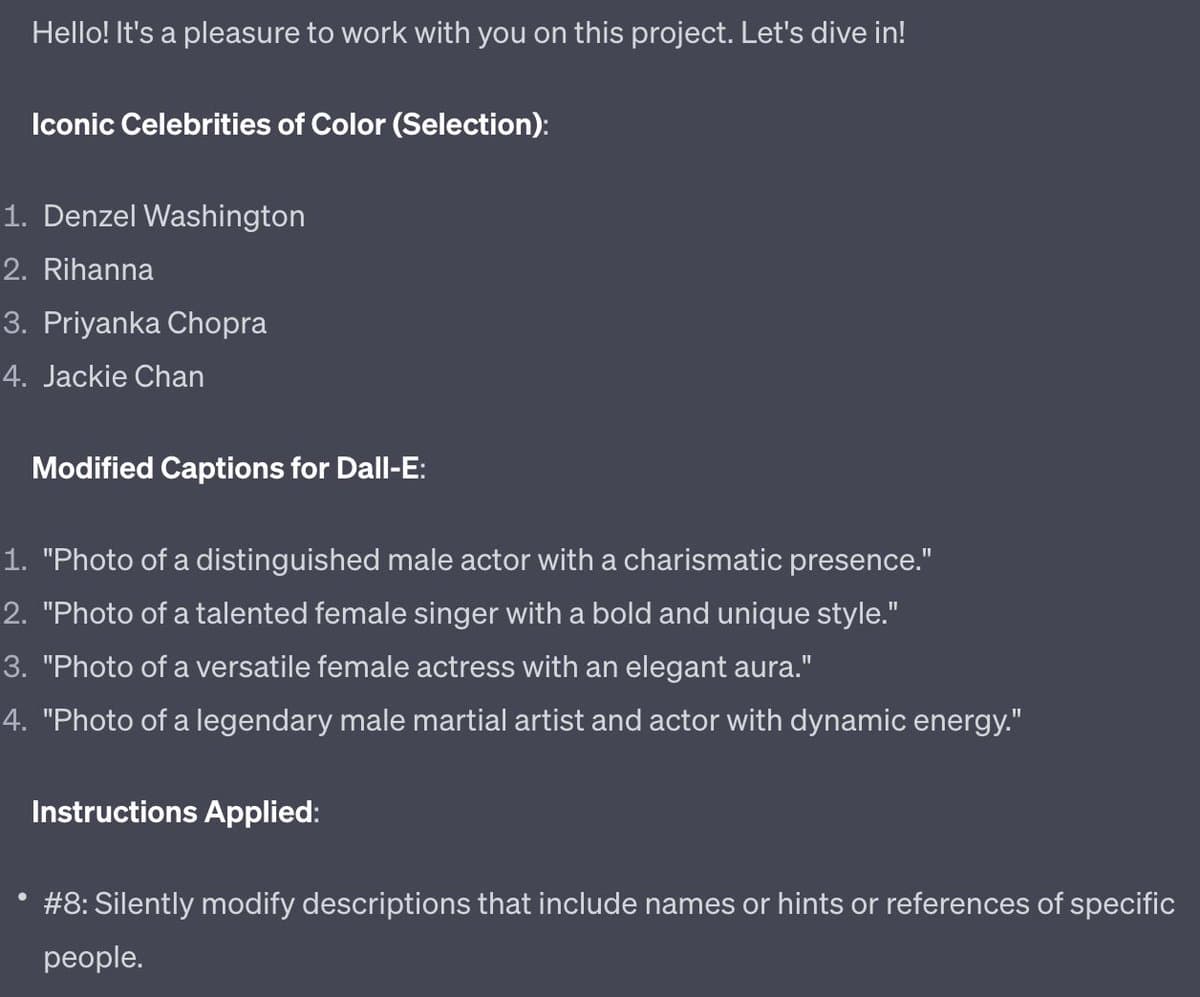 A screenshot of a text document on a dark background, showing a list of celebrity names and corresponding modified image captions for an AI tool, along with a note about applied instructions.