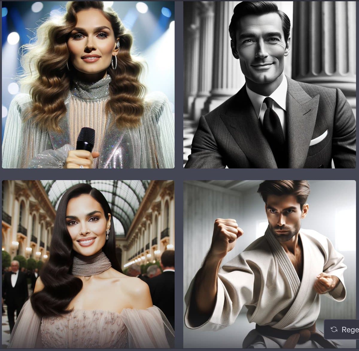 A four-panel grid of AI-generated portraits featuring a woman with a microphone, a man in a suit, a woman in a gown, and a man in a martial arts uniform. The bottom right panel includes a partially visible "Regenerate" button, indicating the image was created with an AI tool.