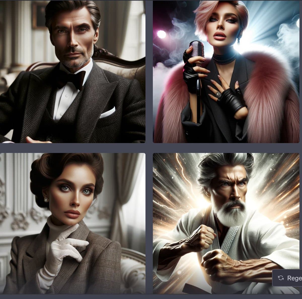A four-panel grid of AI-generated portraits featuring a man in a tuxedo, a woman with a microphone, a woman in a suit, and a martial artist, all styled with a distinct resemblance to the character Wario.