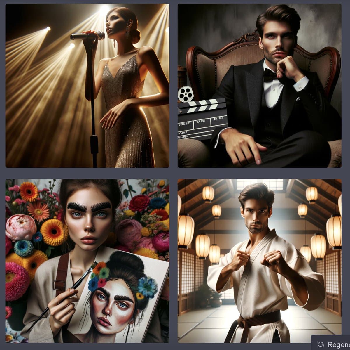 A four-panel grid of AI-generated portraits depicting a female singer, a man in a tuxedo with a clapperboard, a woman painting a portrait of a woman with flowers in her hair, and a man in a martial arts uniform. The images contain garbled text on the clapperboard and a button in the corner.